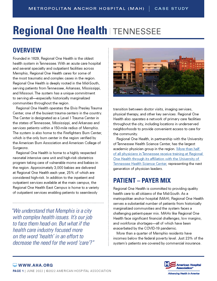 Regional One Health, Tennessee: Metropolitan Anchor Hospital (MAH) case study page 1.