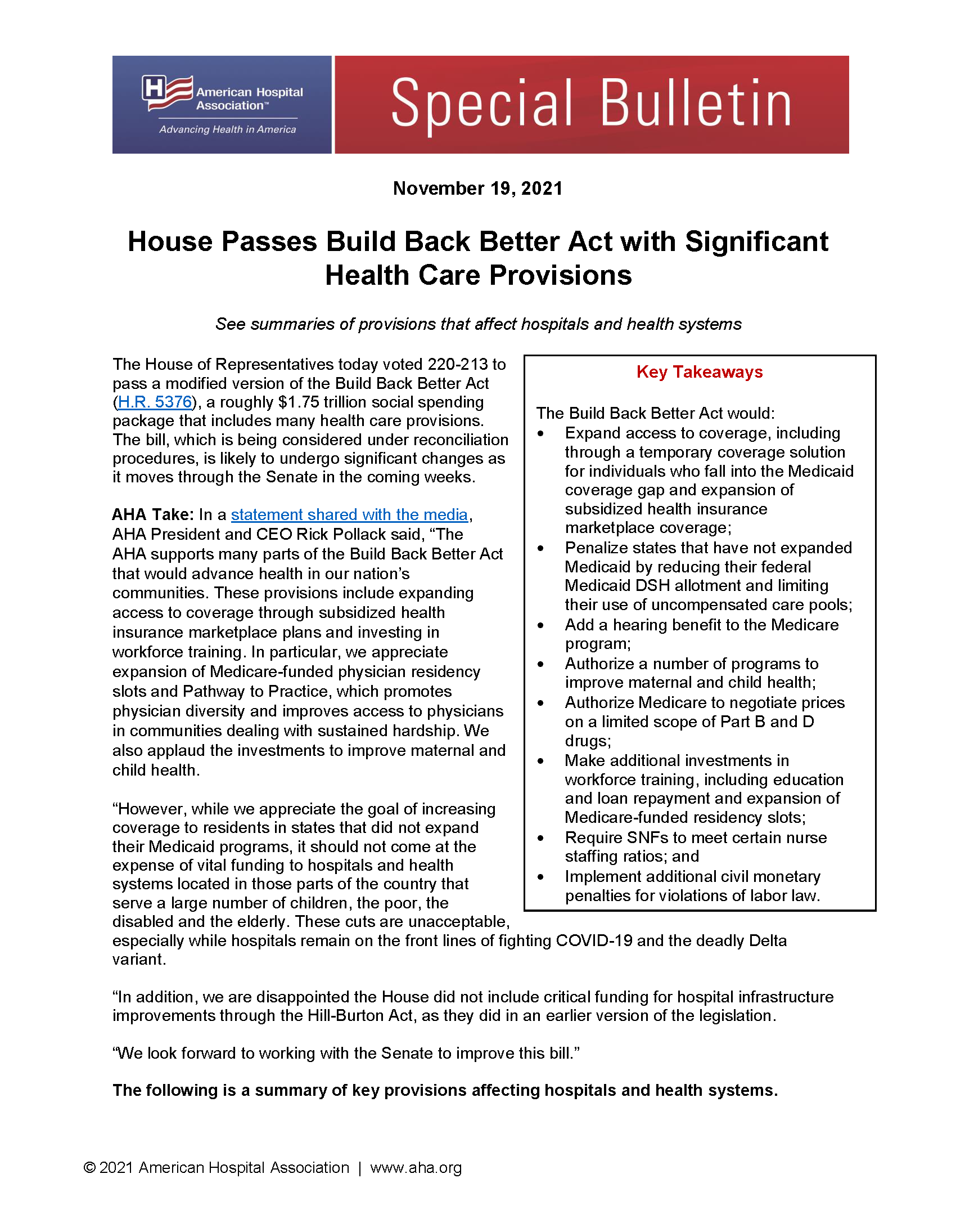  Special Bulletin: House Passes Build Back Better Act with Significant Health Care Provisions PDF page 1.