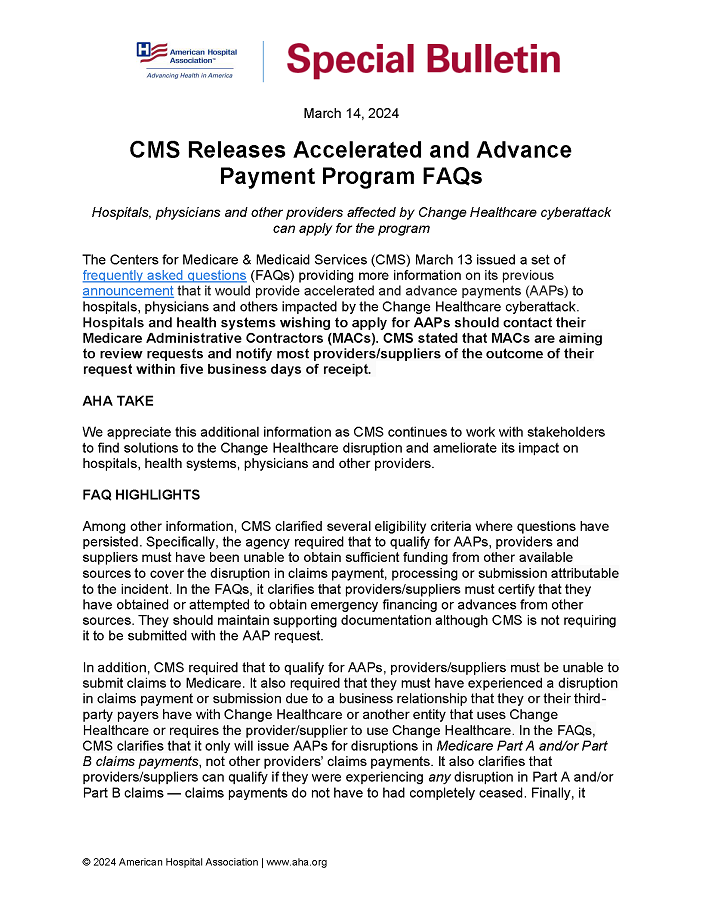 Special Bulletin: CMS Releases Accelerated and Advance Payment Program FAQs page 1.