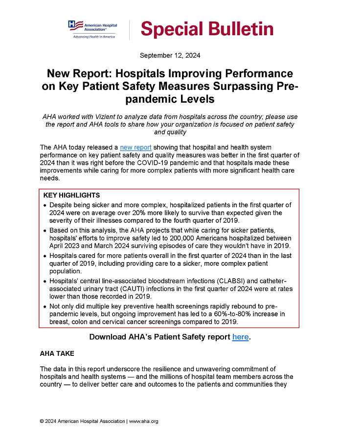 Special Bulletin: New Report: Hospitals Improving Performance on Key Patient Safety Measures Surpassing Pre-pandemic Levels page 1.