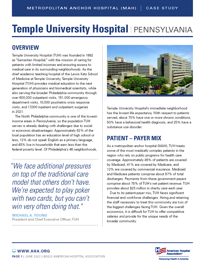 Temple University Hospital, Pennsylvania Metropolitan Anchor Hospital (MAH) Case Study page 1.