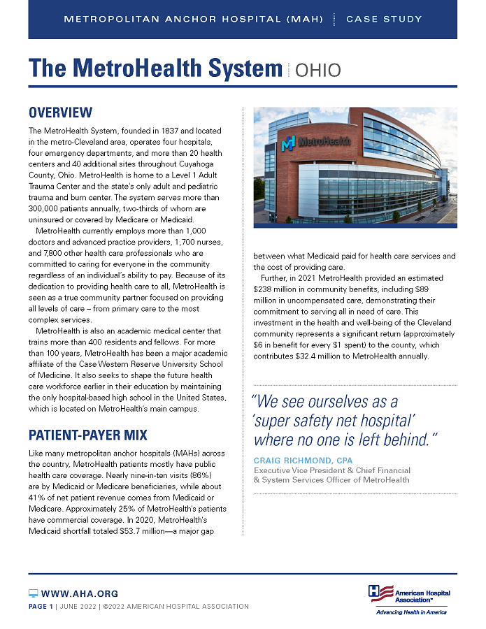 The MetroHealth System, Ohio: Metropolitan Anchor Hospital (MAH) case study page 1.