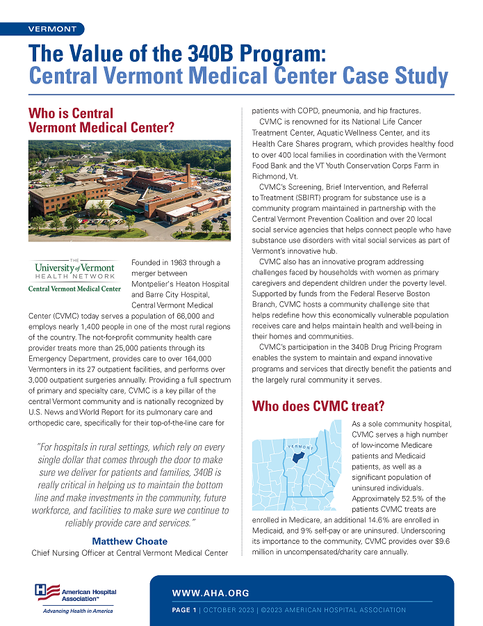 The Value of the 340B Program: Central Vermont Medical Center Case Study page 1.