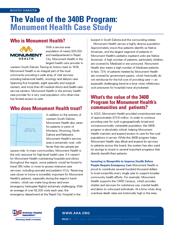 	The Value of the 340B Program: Monument Health Case Study page 1.