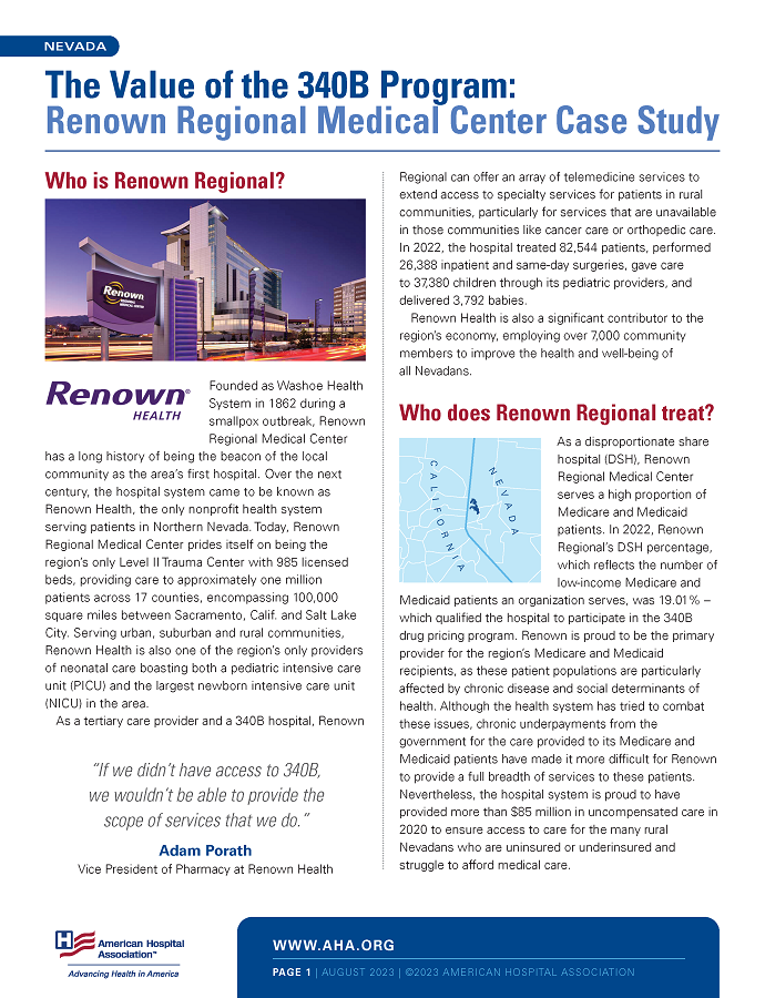 The Value of the 340B Program: Renown Regional Medical Center Case Study page 1.