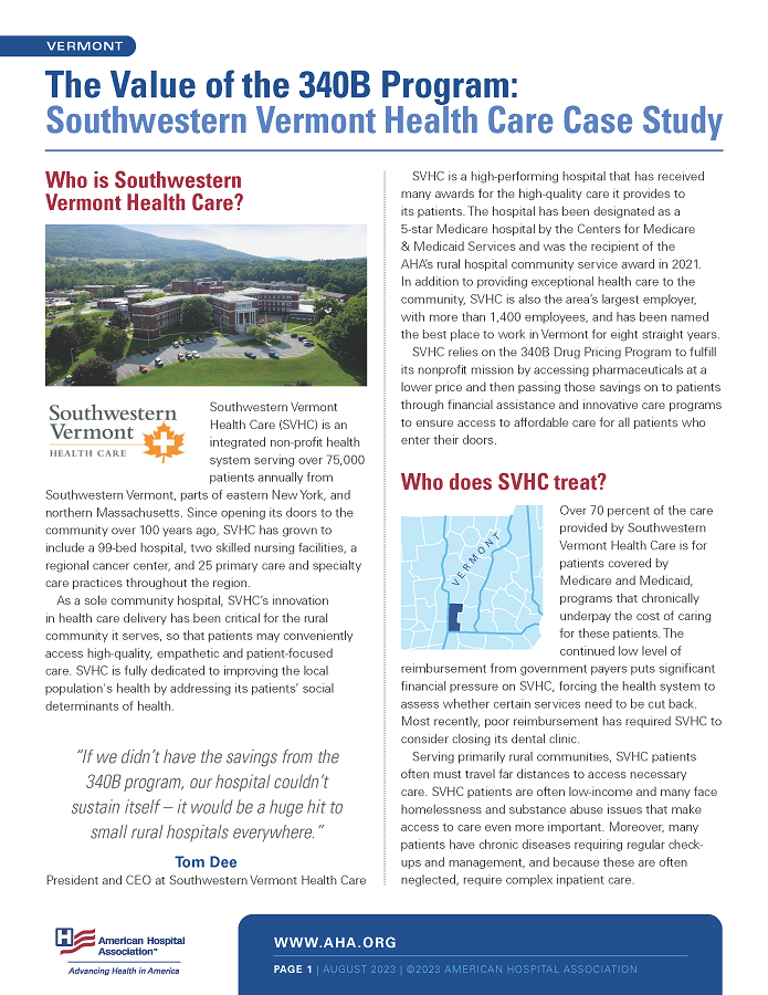 The Value of the 340B Program: Southwestern Vermont Health Care Case Study page 1.