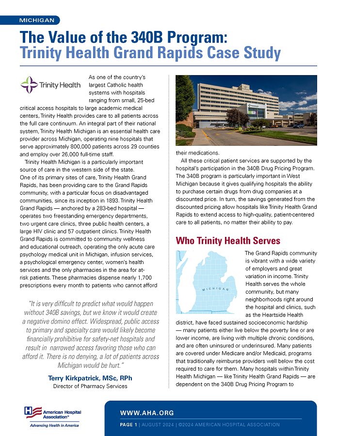 The Value of the 340B Program: Trinity Health Grand Rapids Case Study page 1.