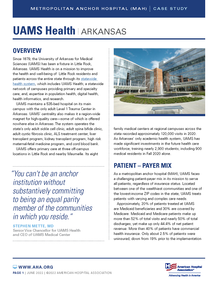 UAMS Health, Arkansas: Metropolitan Anchor Hospital (MAH) case study page 1.