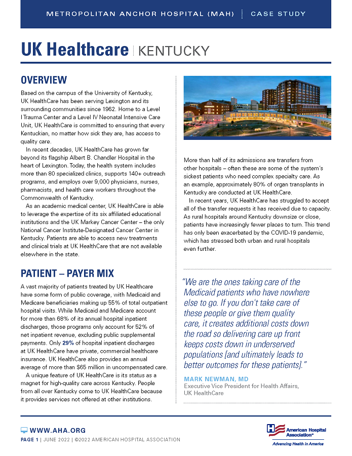 UK Healthcare, Kentucky: Metropolitan Anchor Hospital (MAH) case study page 1.