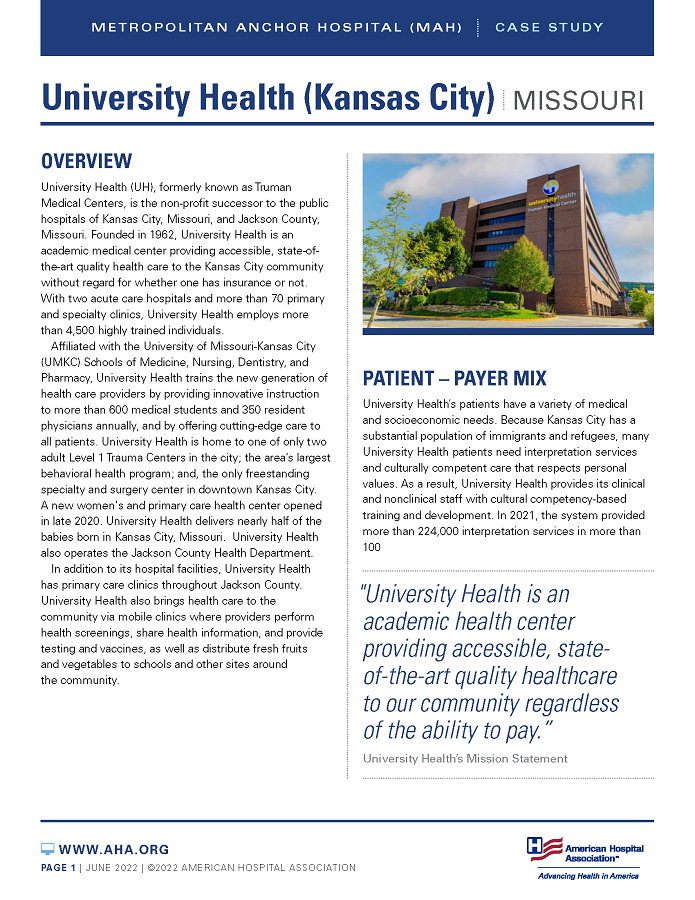 University Health (Kansas City), Missouri: Metropolitan Anchor Hospital (MAH) case study page 1.