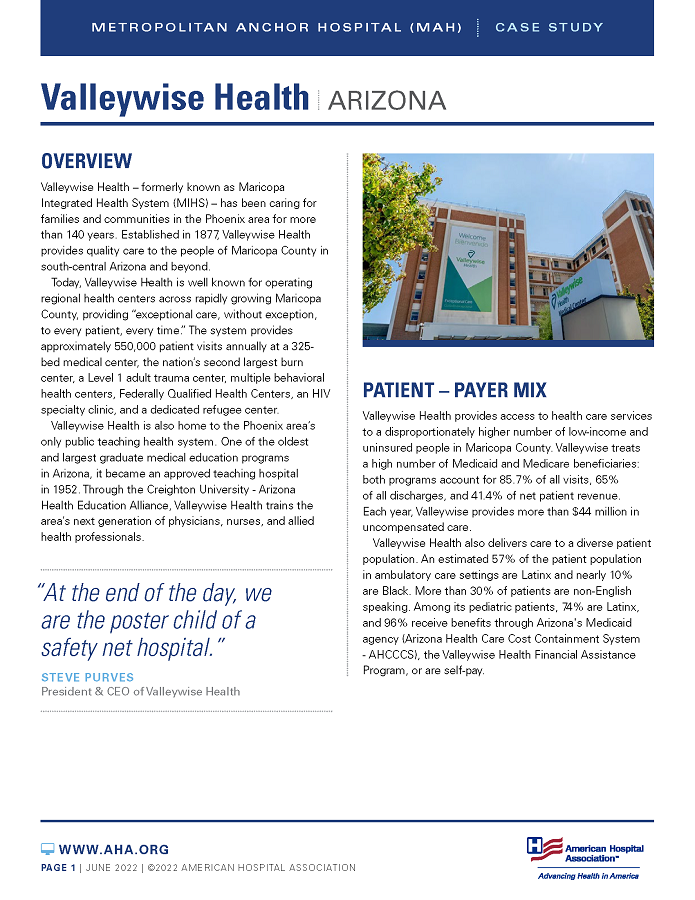 Valleywise Health, Arizona: Metropolitan Anchor Hospital (MAH) case study page 1.