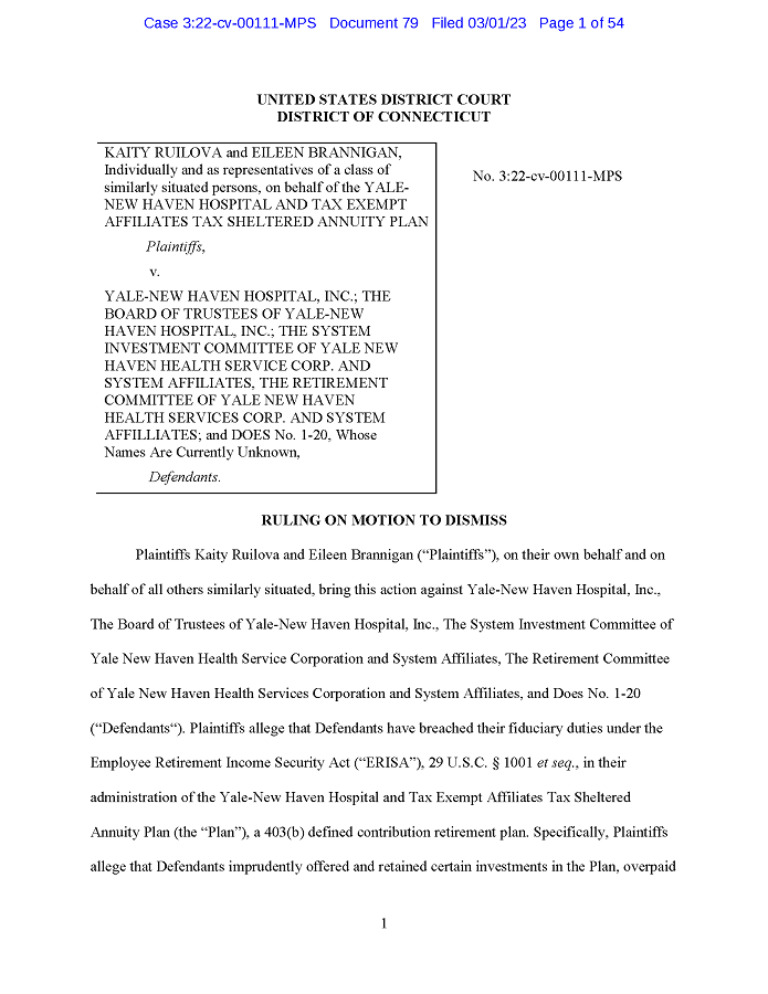 KAITY RUILOVA and EILEEN BRANNIGAN v. YALE-NEW HAVEN HOSPITAL, INC. ruling page 1.