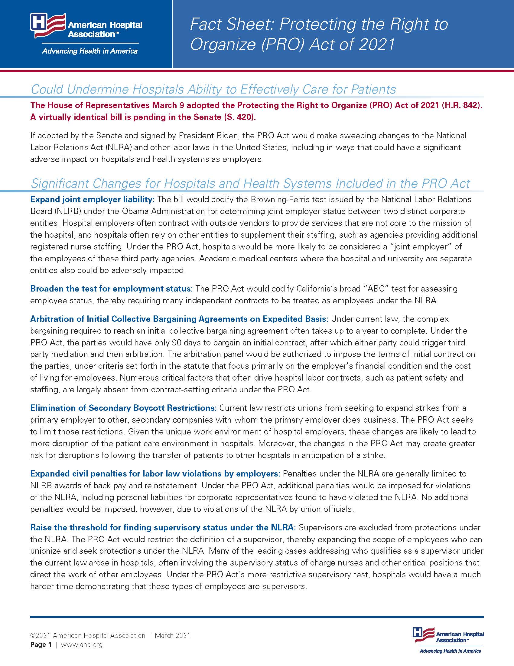 Fact Sheet: Protecting the Right to Organize (PRO) Act of 2021 page 1