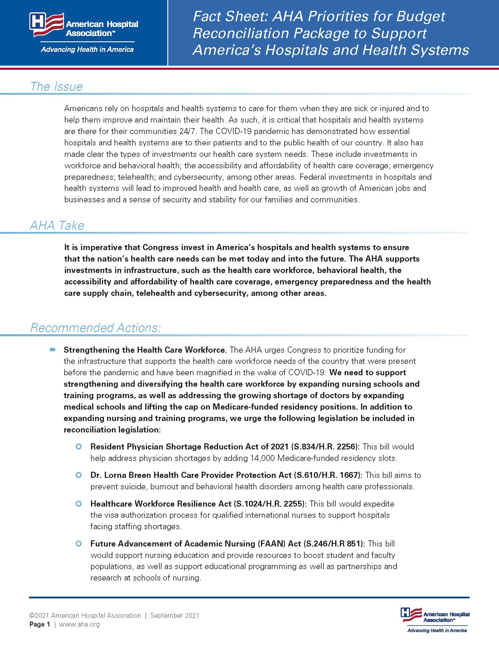 Fact Sheet: AHA Priorities for Budget Reconciliation Package to Support America’s Hospitals and Health Systems page 1.