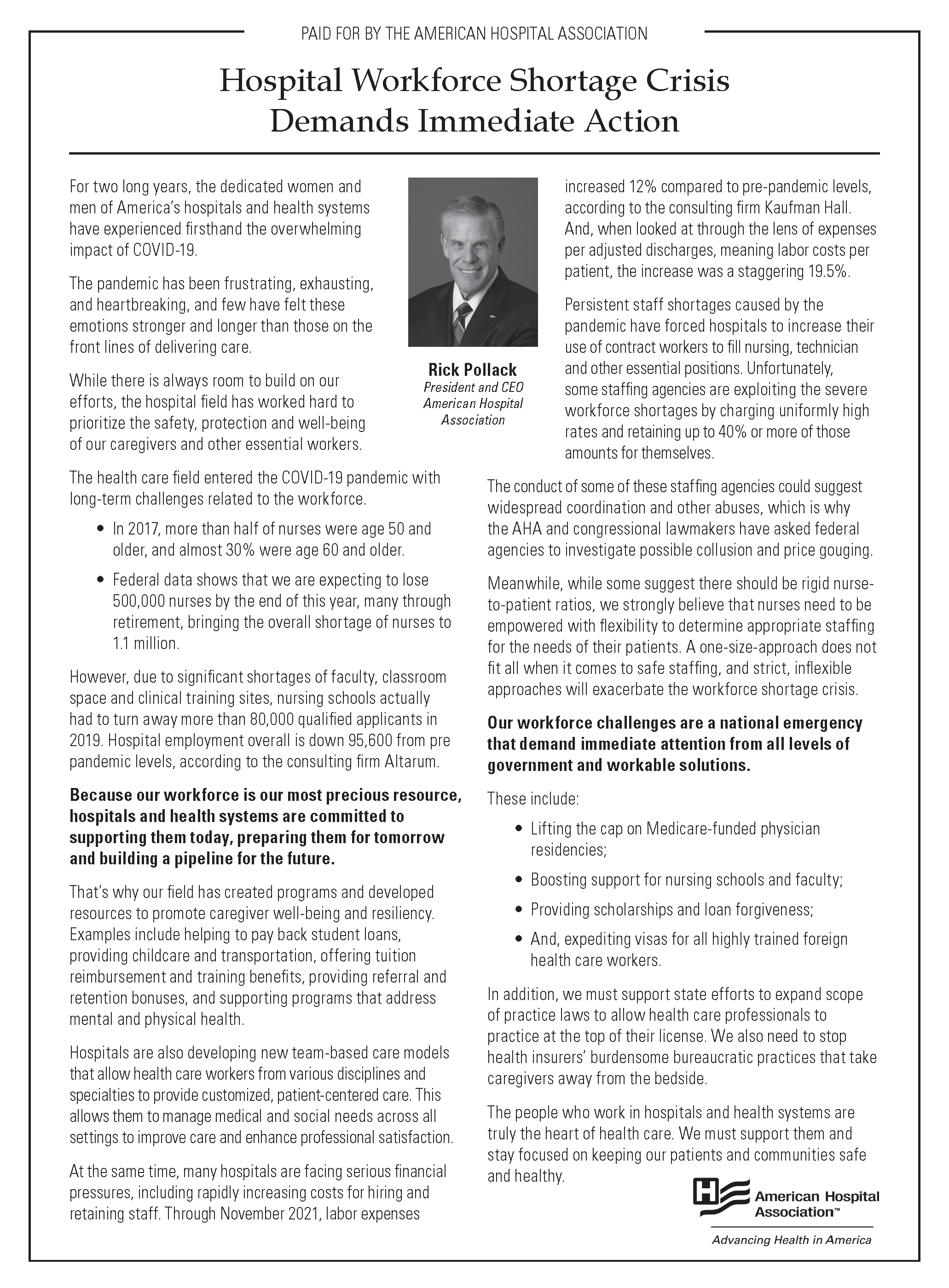Hospital Workforce Shortage Crisis Demands Immediate Action by Rick Pollack, President and CEO, American Hospital Association.