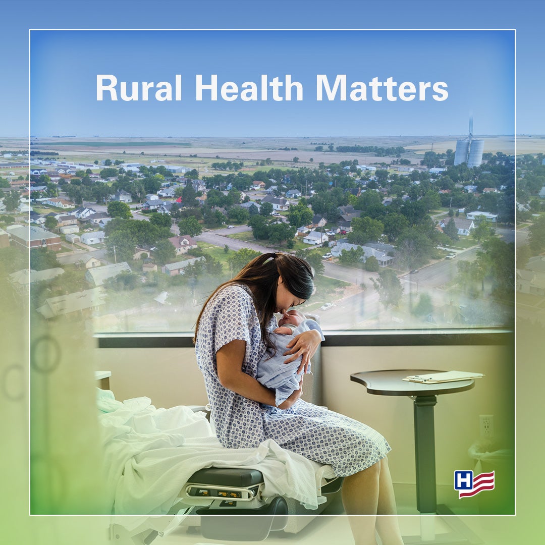 Rural Health Matters. National Rural Health Day. Thursday, November 20, 2025. A Mother sits in a hospital gown sits on the end of a bed in a hospital room holding her newborn child against a rural background.