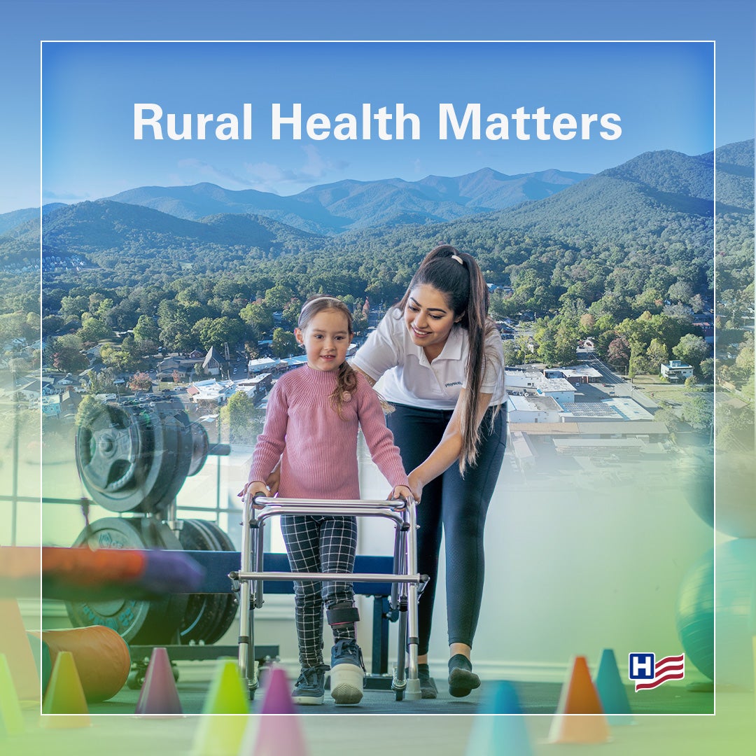 Rural Health Matters. National Rural Health Day. Thursday, November 20, 2025. A physical therapist helps a pediatric patient with a foot injury walk with the assistance of a walker.