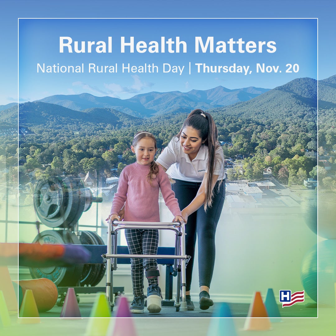 Rural Health Matters. National Rural Health Day. Thursday, November 20, 2025. A physical therapist helps a pediatric patient with a foot injury walk with the assistance of a walker.