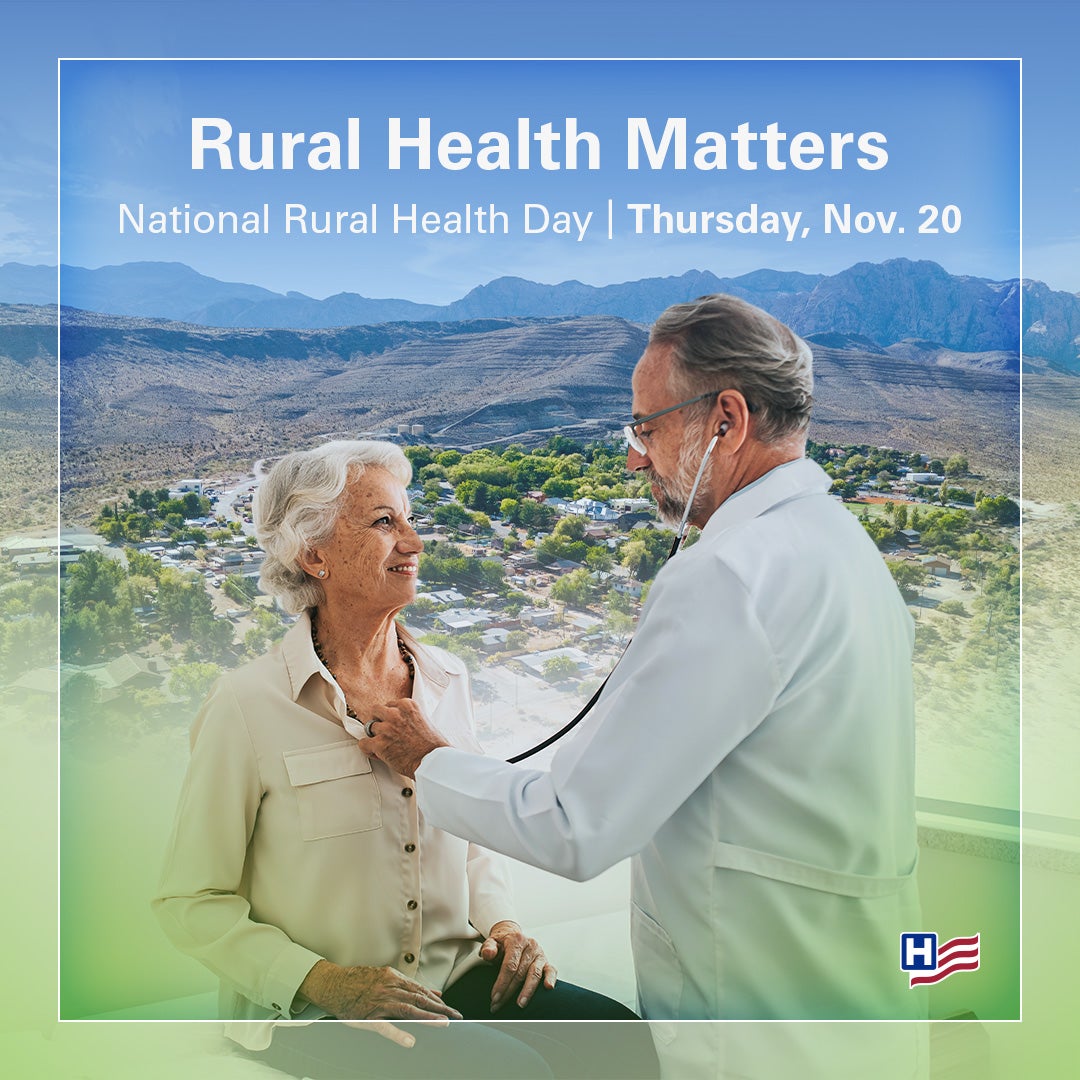 Rural Health Matters. National Rural Health Day. Thursday, November 20, 2025. A senior patient is examined by a clinician with a stethoscope against a background of a rural scene.