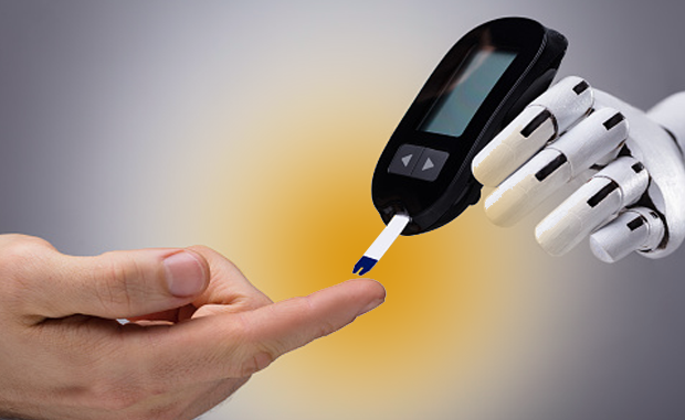 Type 2 Diabetes Patients Can Benefit from AI-Powered Nudges: Report. A robot hand holding a blood-glucose monitor with a test strip extended reaches toward the hand of a diabetic patient with the index finger extended toward the test strip.