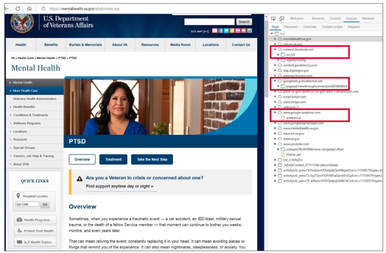 U.S. Department of Veterans Affairs website screencap with red boxes added for emphasis.