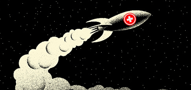 Verizon Accelerator Program Targets 7 Startups Addressing Health Equity. A rocket with a white cross in a red circle on the side of it blasts off against a field of stars.