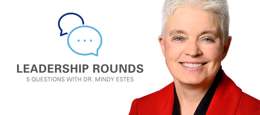 Leadership Rounds logo and Melinda L. Estes, M.D., headshot banner