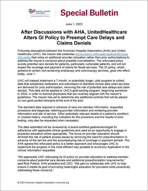Cover  After Discussions with AHA, UnitedHealthcare Alters GI Policy to Preempt Care Delays and Claims Denials 