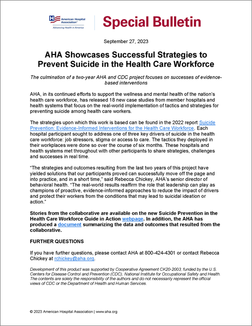 AHA Showcases Successful Strategies to Prevent Suicide in the Health Care Workforce