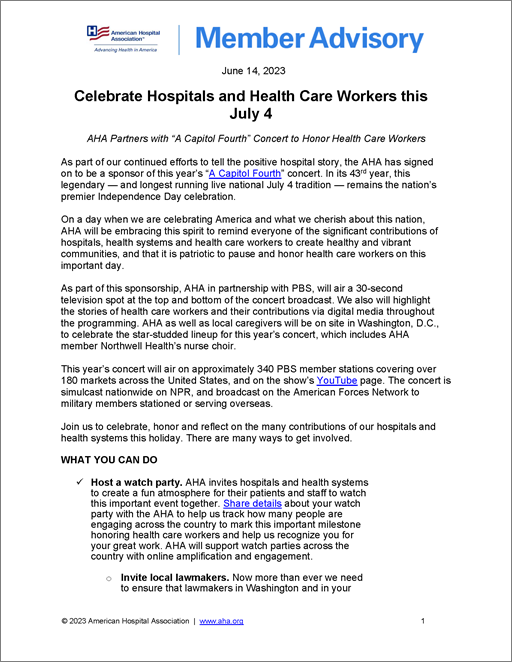 Cover Advisory: Celebrate Hospitals and Health Care Workers this July 4