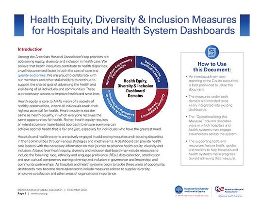Health Equity, Diversity & Inclusion Measures for Hospitals and Health System Dashboards page 1