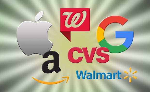 Why 2022 Will Be a Year of Disruptor Differentiation. Logos for Amazon, Apple, CVS, Google, Walgreens, and Walmart in front of a starburst.