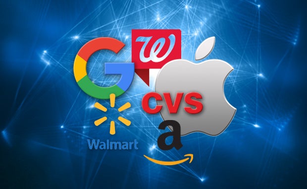 COVID-19 Didn’t Stop Health Care Disruptors from Moving Forward. The logos of Google Health/Alphabet, Walgreens Boots Alliance, CVS Health/Aetna, Walmart, and Amazon.
