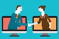 Anthem-Epic Data-Sharing Plan Could Boost Care Coordination. A graphic of a businessman in a suit emerging from one computer monitor shaking hands with a businesswoman in a suit emerging from a second computer monitor.