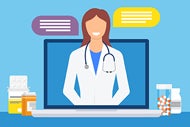 ‘Automated Hovering’ App Helps Manage COVID-19 Patients at Home. An illustration of a clinician in a white labcoat emerging from a computer monitor and having a conversation via a telehealth app with a patient who is at home with pill bottles visible next to the computer.