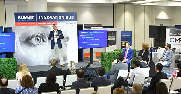 6 Promising Startups Worth Watching. A entrepreneur shares his startup story at the AHA Health Care Leadership Summit Innovation Hub stage.
