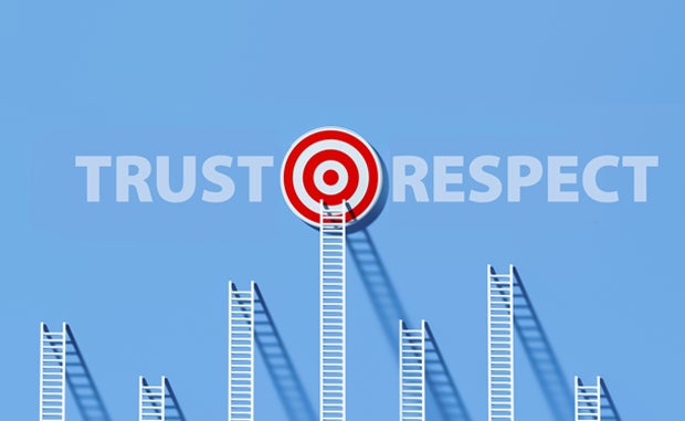 Most Consumers Would Switch to Other Providers for More Trust and Respect. Ladders of different heights leaning again a wall. The tallest ladder in the middle is on a target between the words Trust on the left and Respect on the right.