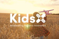 Children’s Hospitals, Startups to Create Digital Solutions to Transform Care. KidsX Accelerator website image of a child running through a golden wheat field with an airplane in his hand and KidsX Accelerator logo.