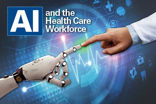 New AHA Report Demystifies AI and Implementation. AI and the Health Care Workforce cover. Robot hand tough index fingers with clinician's hand.