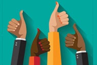 Disruptors, Providers Invest in Health Equity. Four hands of diverse races give the thumbs up signal.