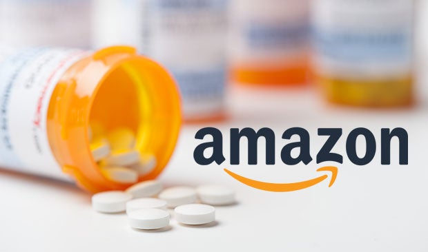Amazon’s Customer-First Focus Could Reshape the Pharma Supply Chain. An open bill bottle with pills spilled out next to the Amazon logo.