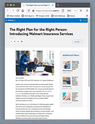 Walmart webpage with the title "The Right Plan for the Right Person: Introducing Walmart Insurance Services."