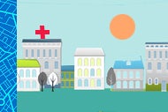 Hospital ‘anchor’ strategies can increase impact by extending to community investment. A collection of building in a community, including a hospital with a red cross on the top of it.