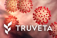 Truveta Shares COVID-19 Insights from 20 Health Systems. Truveta logo with a background of COVID-19 cells.