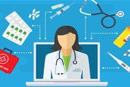 How to Better Enable Physicians to Succeed in Telehealth. A doctor on a laptop computer screen with connections shown to first aid, pharmaceuticals, a stethoscope, and vaccines. 