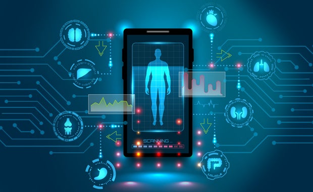 Take the Next Step to Advance Telehealth Innovation. A human body being scanned on a phone with different bodily systems and organs displayed.