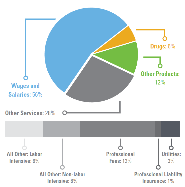 Employee wages and benefits constitute the largest percentage of costs for inpatient hospital services. Wages and Salaries: 56%; Drugs: 6%; Other Products: 12%; Other services: 28%.
