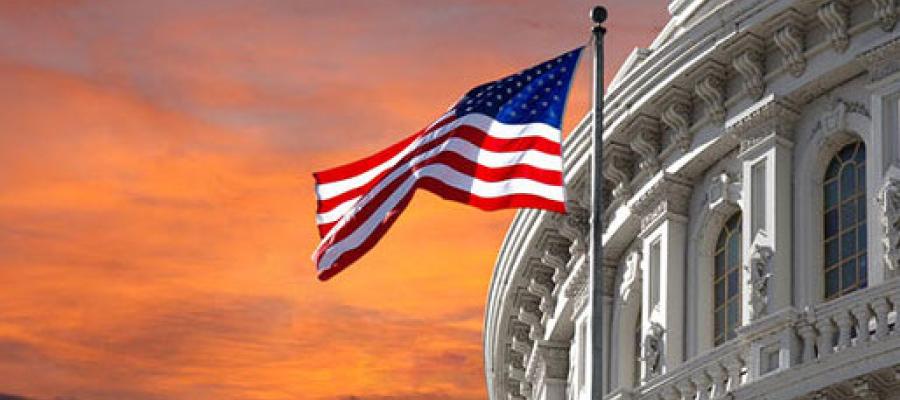 Capitol with flag against sunset background