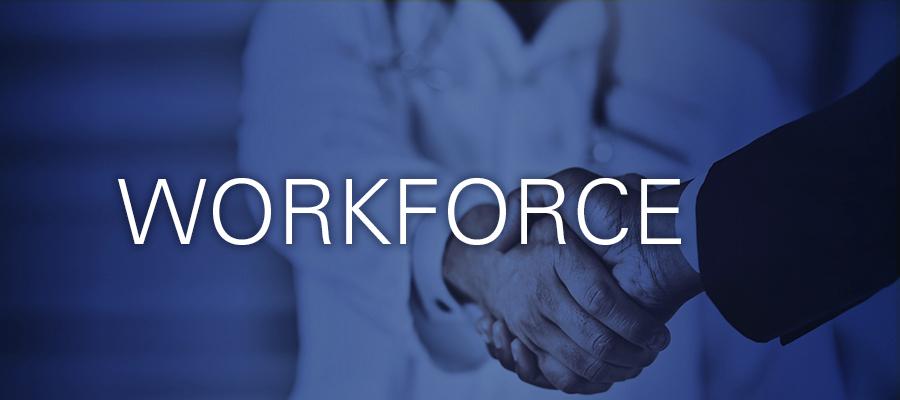 The word "Workforce" in front of image of physician shaking hands