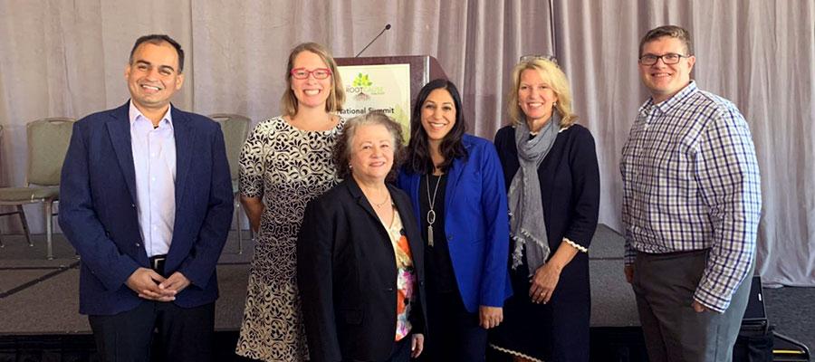 Pictured, from left to right: Vikas Chowdhry, chief analytics and information officer, Parkland Center for Clinical Innovation; Jaime Dircksen, vice president, community health and well-being, Trinity Health; Lois Bernstein, chief community executive, Multicare Health System; Priya Bathija, vice president, AHA's The Value Initiative; Laura Vail, director, office of inclusion and health equity, Cone Health, and Brian Youngblood, Project Leader, Community and Population Health, NewYork-Presbyterian.